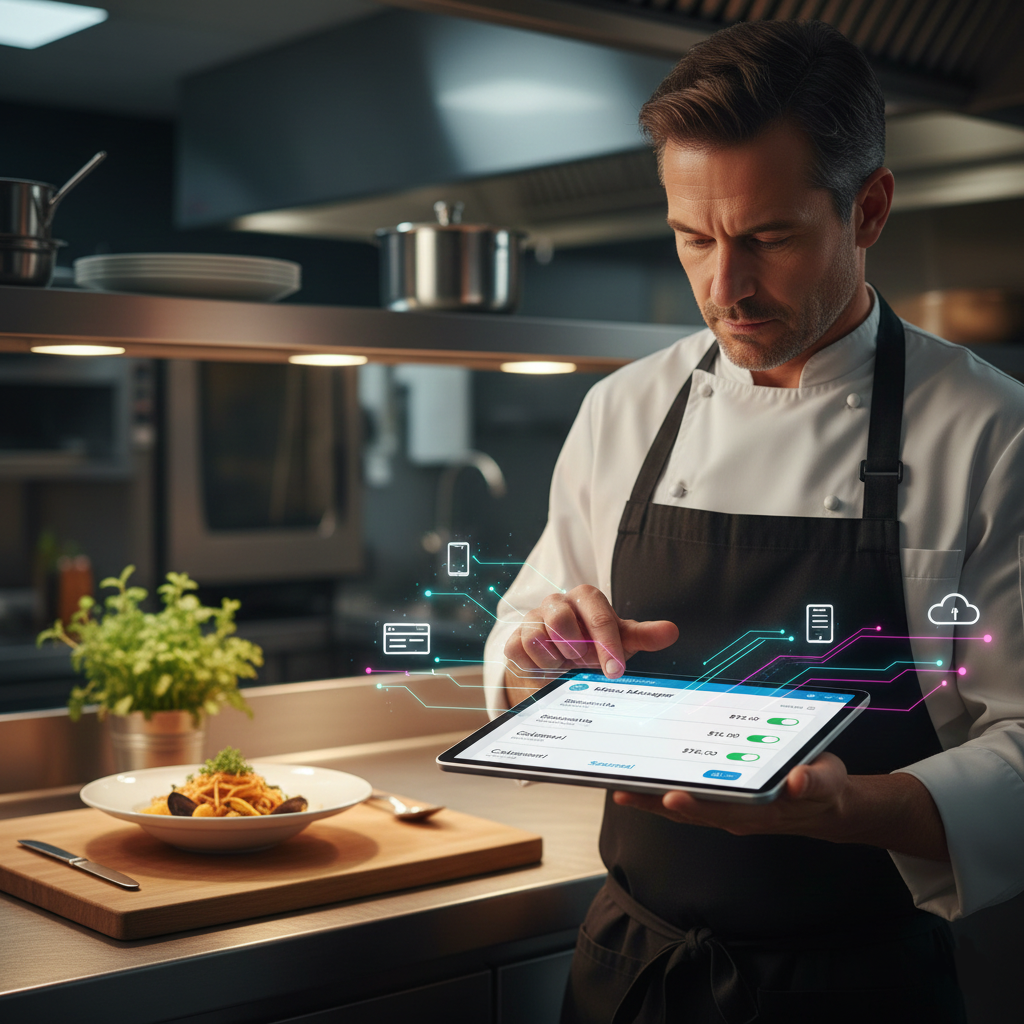 Chef using menu management tablet